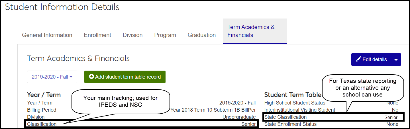 The Student Information Details page, Term Academics & Financials tab showing the regular Classification field and the State Classification field