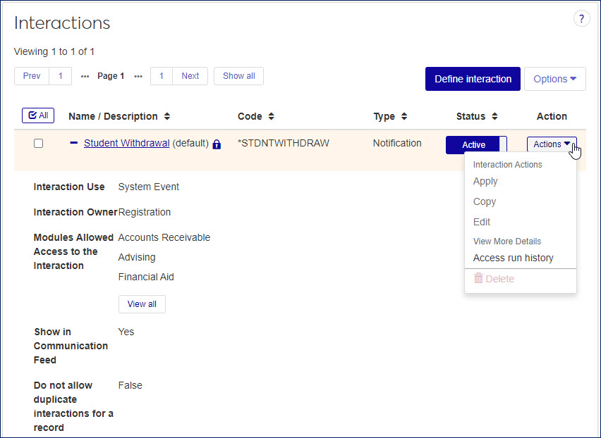 Interactions window showing the Student Withdrawal interaction