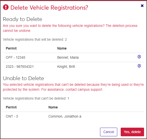 Delete Vehicle Registrations window