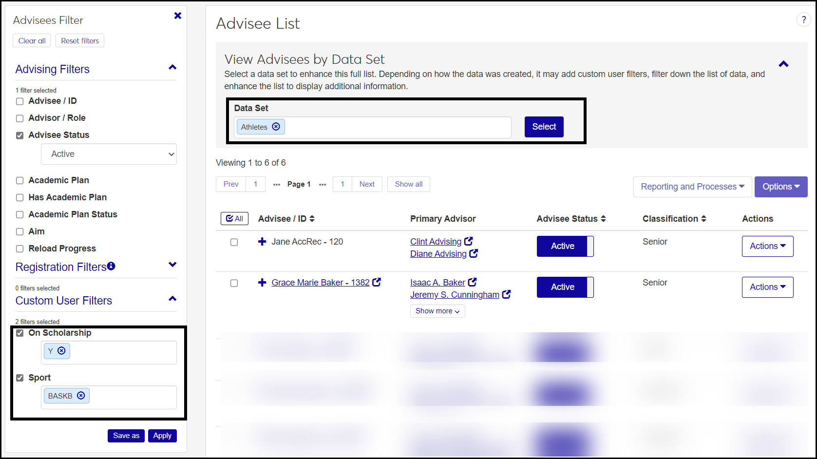 The Manage Advisees page showing a data set called Athletes selected. The filter shows two columns from the athletes data set as options for narrowing the list.