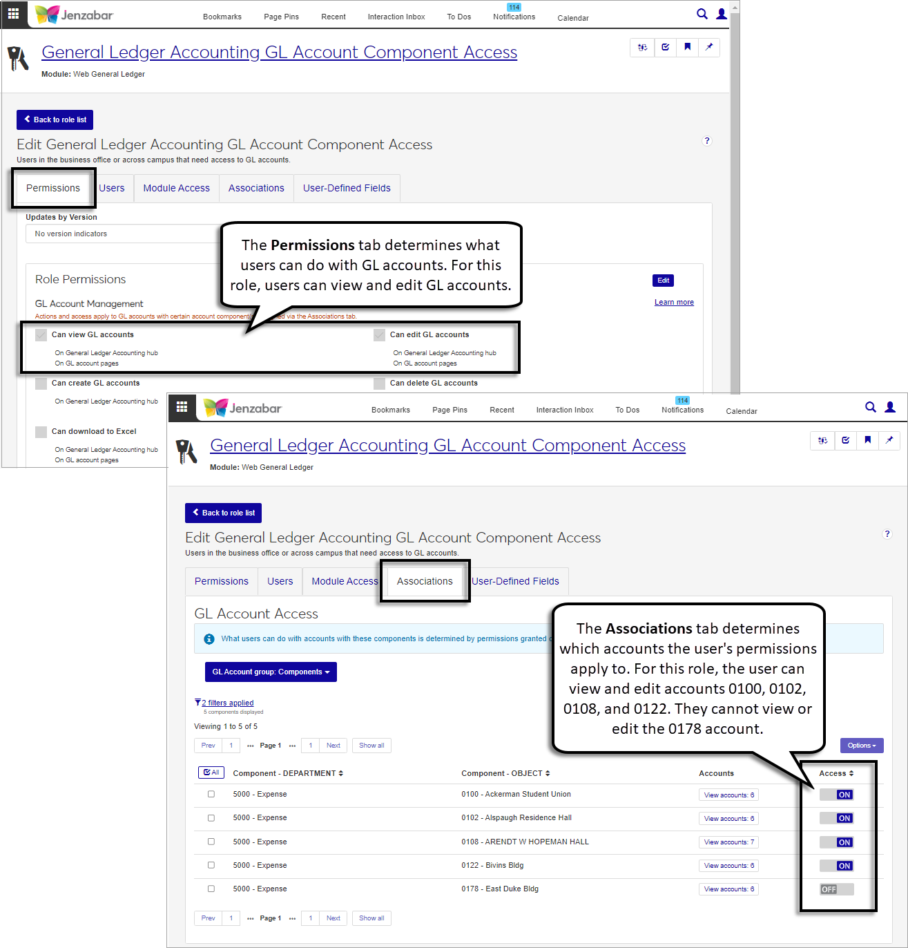 General Ledger Accounting GL Account Component Access role with Permissions and Associations tabs highlighted.