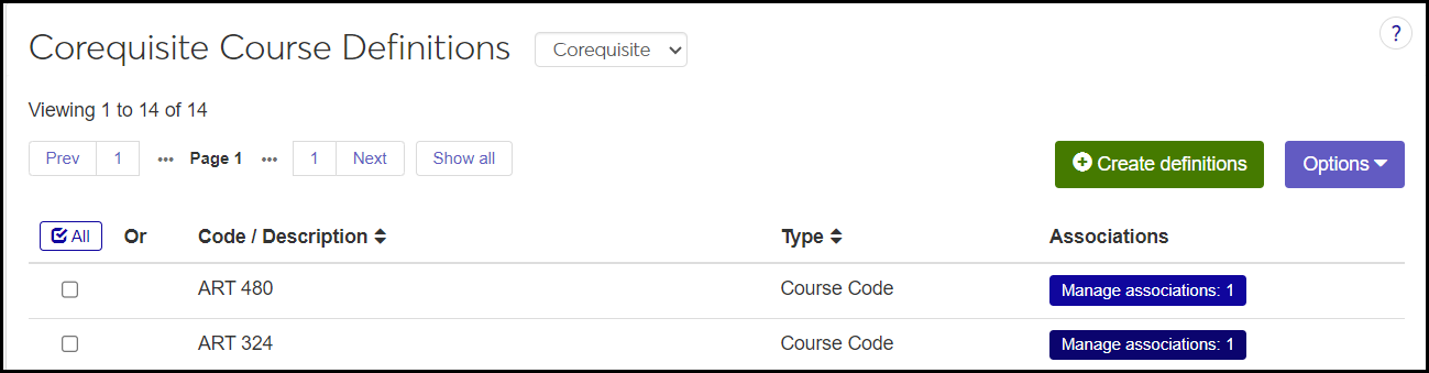 Corequisite Course Definitions page showing two definitions: Art 324 and Art 480. Each has one association.