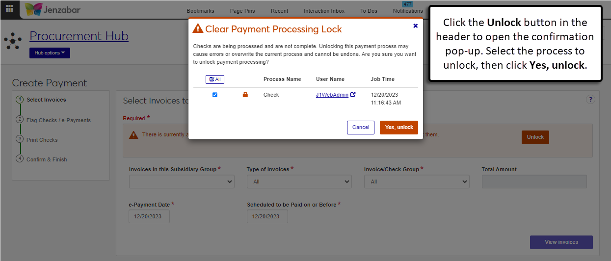 The Clear Payment Processing Lock pop-up on the Create Payment page.