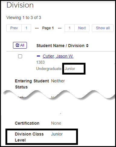 Classification in J1 Web in the Registration Operations hub, Student Division Information page