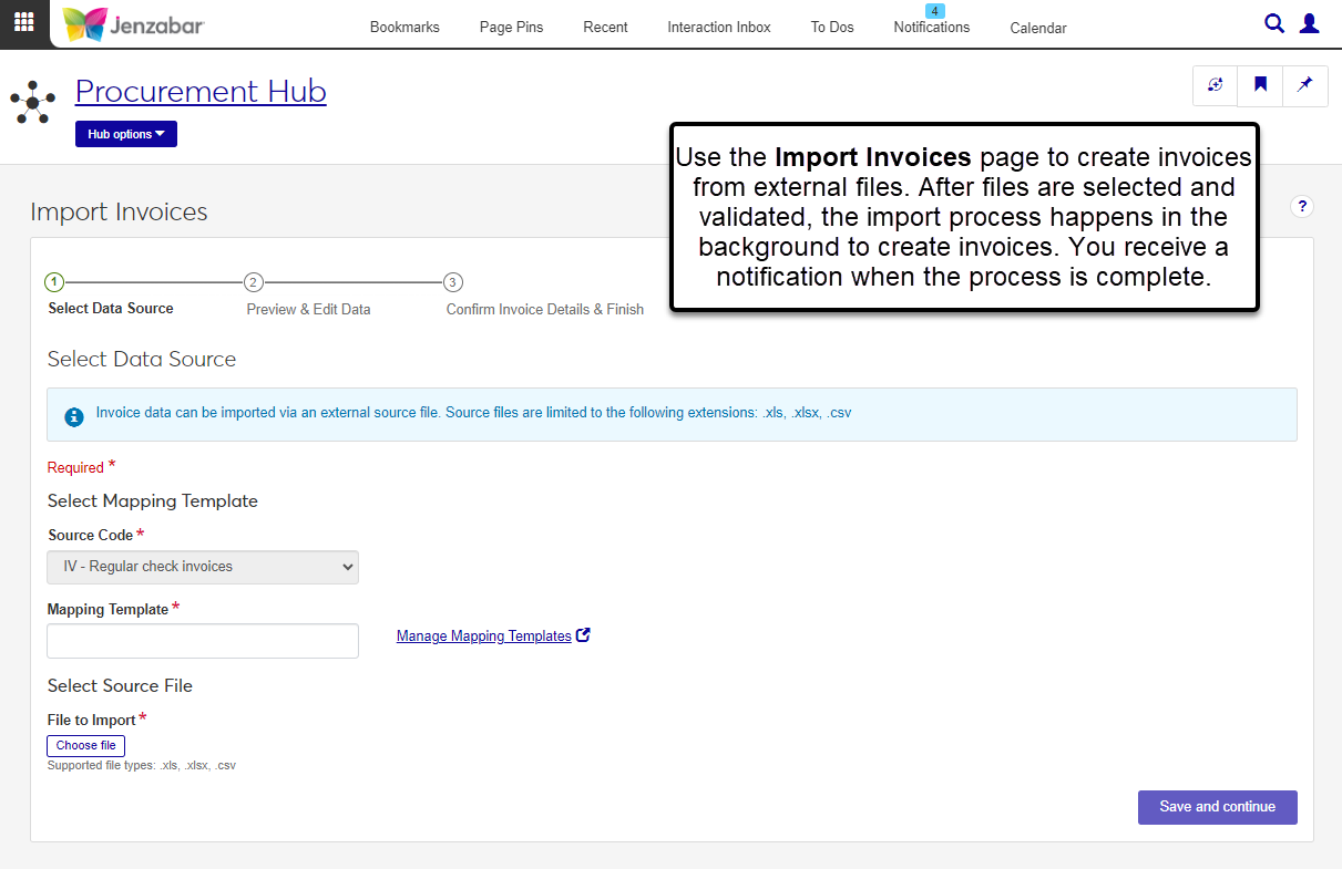 Import Invoices page with 3 steps to select a file and mapping template, review and update data, and start the import process.