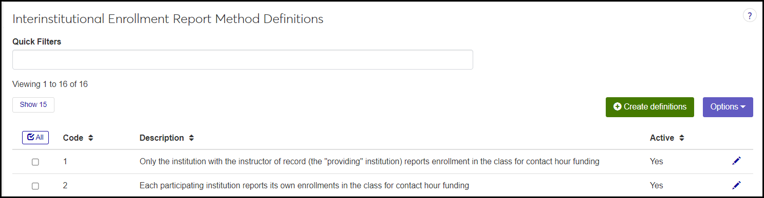 Interinstitutional Enrollment Report Method Definitions page showing two definitions: one where the school providing the instructor reports enrollment, and the other where all participating schools report enrollment