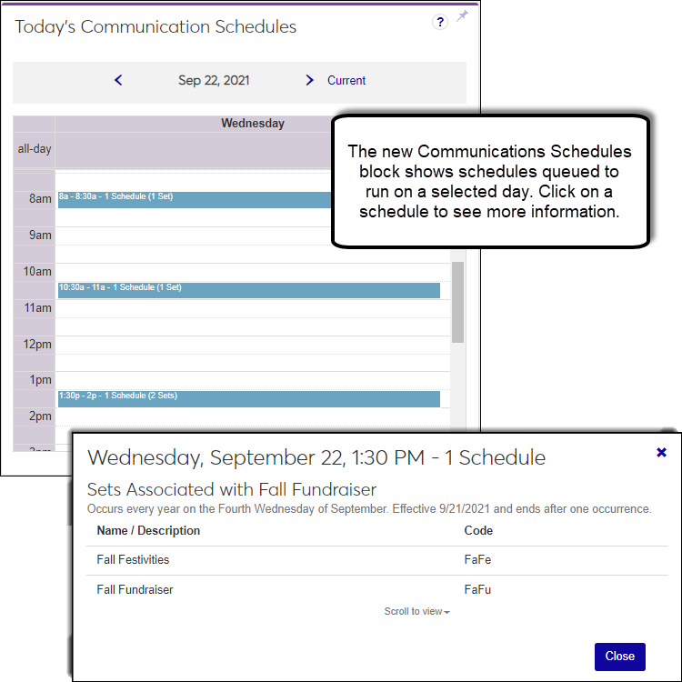 The image shows the new Communication Schedules block and schedule details.