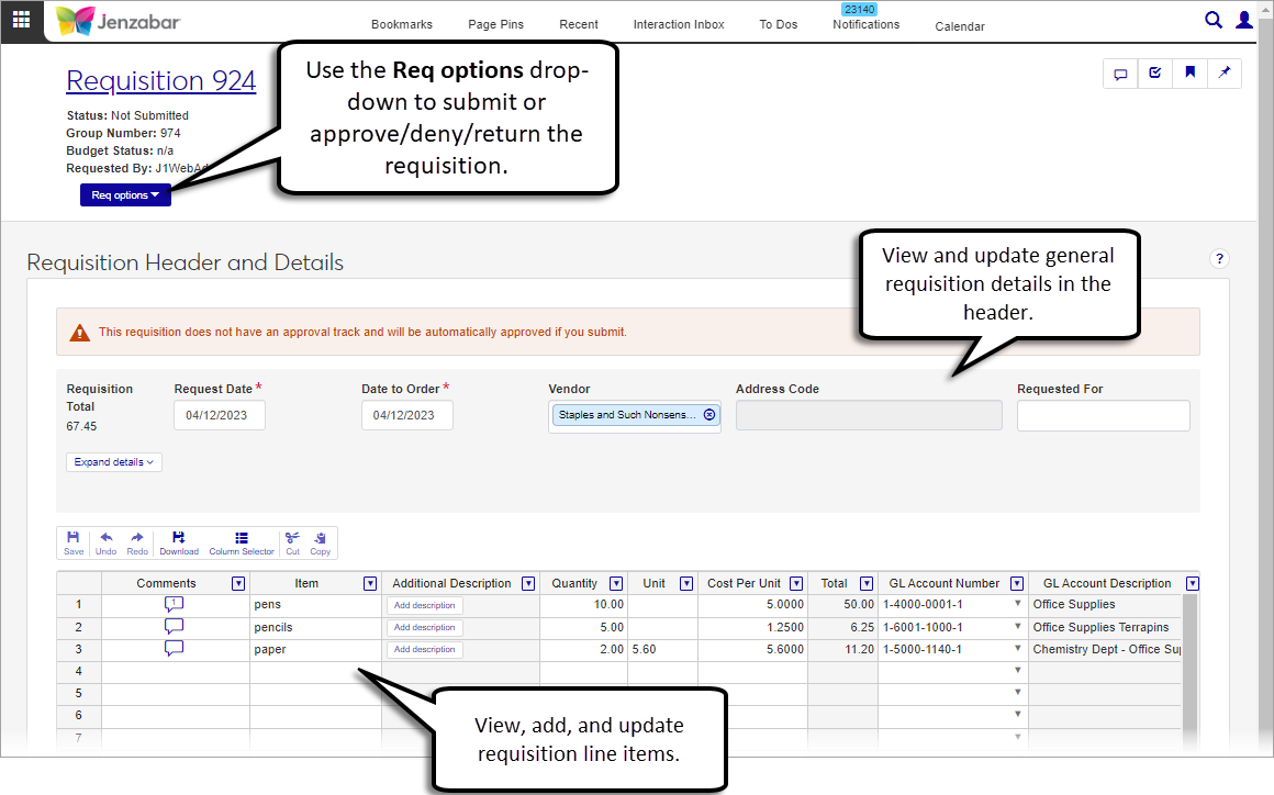 Requisition details page.