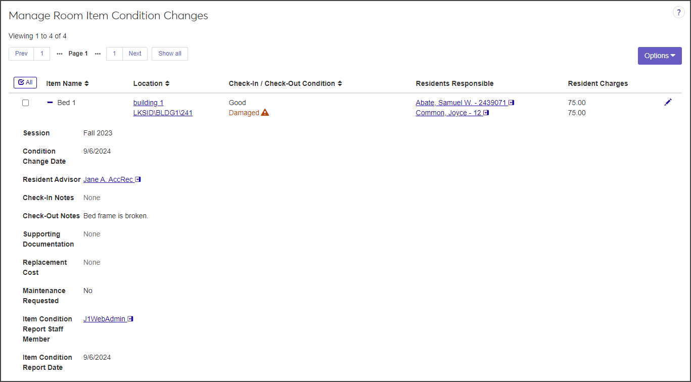 Manage Room Item Condition Changes page - row expanded