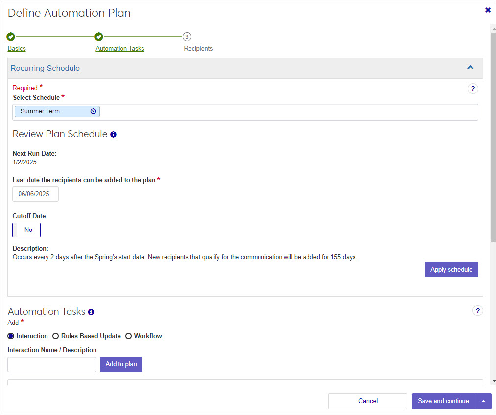 Define Set wizard, Schedules page.
