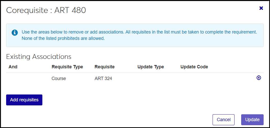 The Associations pop-up for Art 480 showing Art 324 as an associated corequisite