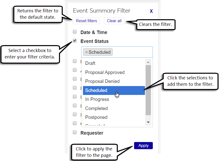 Event Summary Filter with explanations of filter options.