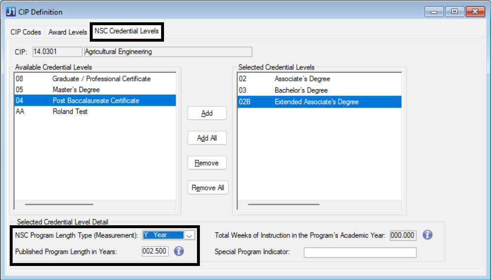 CIP Definition window, NSC Credential Levels tab showing a second version of Associate's Degree with different NSC Program Length