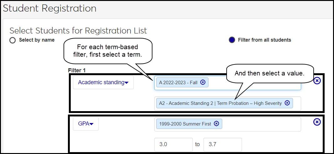 Student Registration page showing a filter with a term-based option: Academic Standing. The user first selected a term, and then selected an Academic Standing Value.
