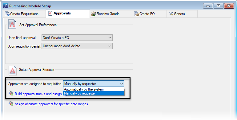 Purchasing Module Setup window, Approvals tab.