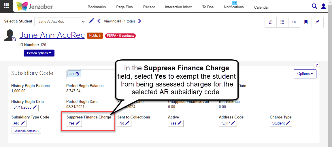 Student Account Details page with the Suppress Finance Charge option set to "Yes" for the AR Subsidiary Code.