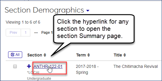 Section Demographics view showing a section name as a hyperlink. Click the link to open the section Summary page.