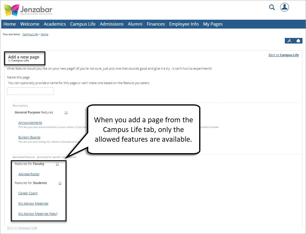 An example Campus Portal tab with options to add pages.