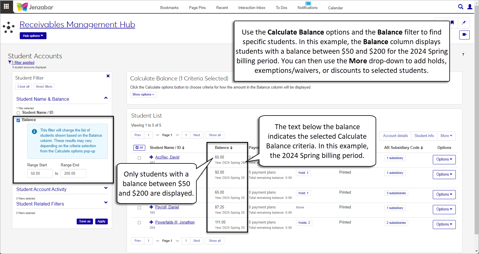 Student Accounts page with a Calculate Balance option selected and students filtered based on the balance amount.