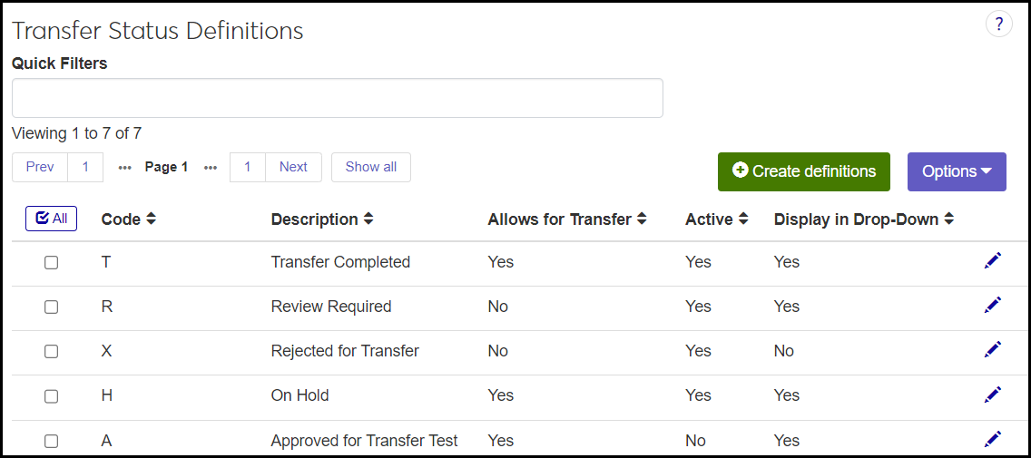 The Transfer Status Definitions page showing the statuses provided by Jenzabar