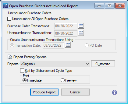 Open Purchase Orders not Invoiced Report window.