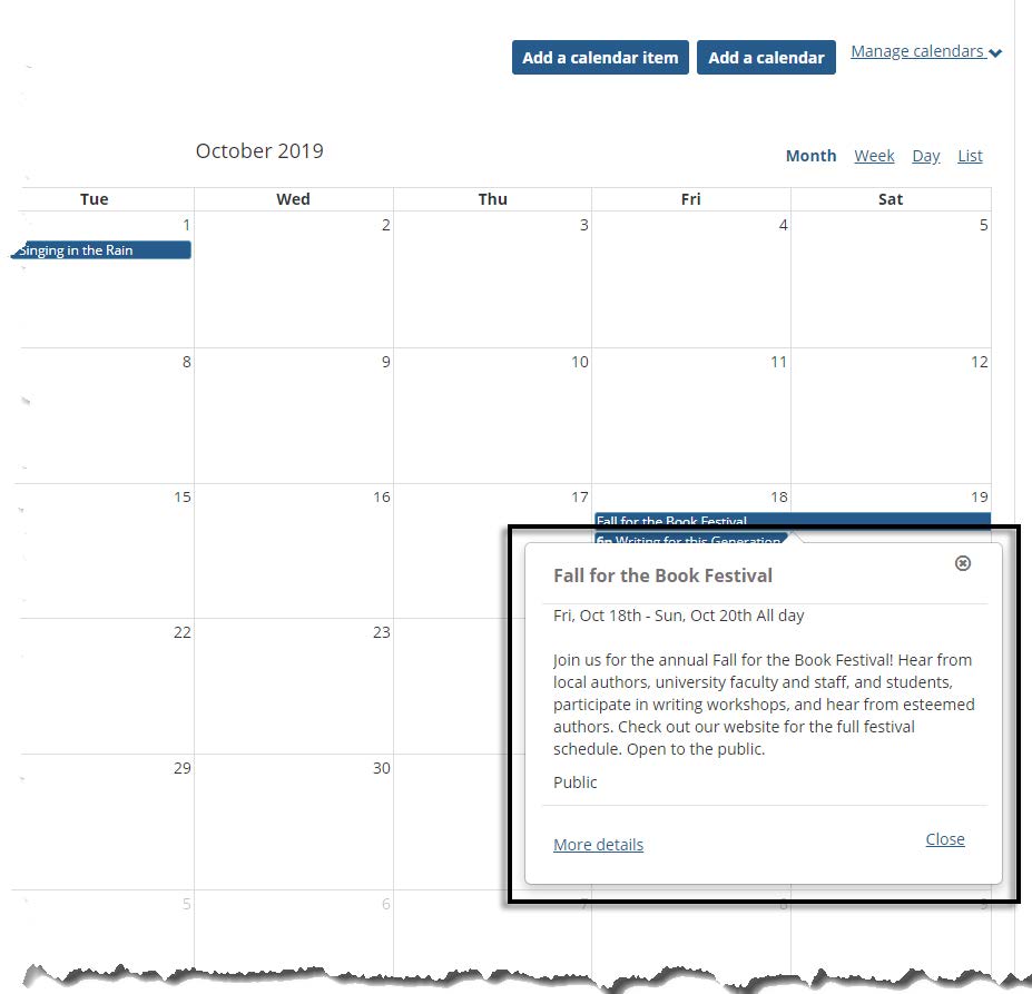 Campus portal event calendar with event information details.