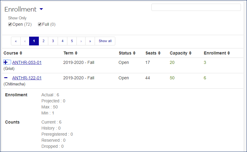 Course List, Enrollment view showing 1 section expanded