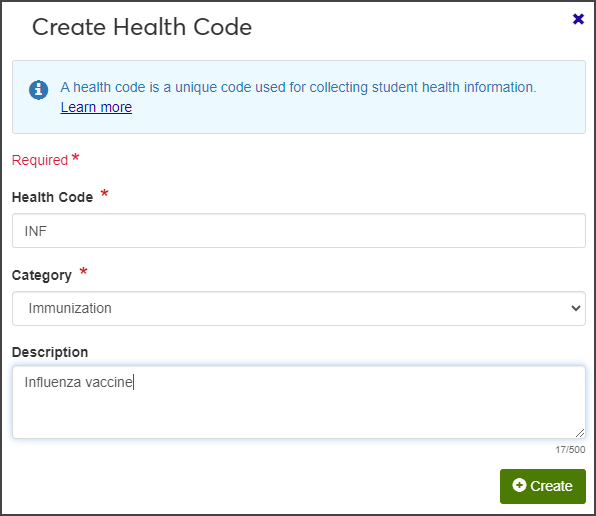 Create Health Code window