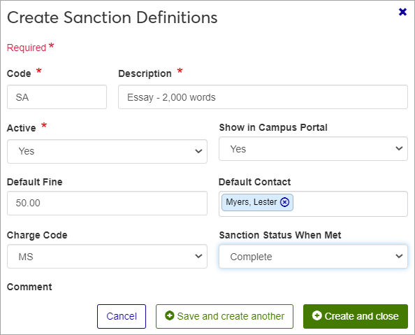 Create Sanction Definitions window