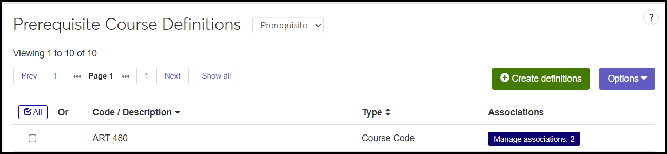 Prerequisite Course Definitions showing a single definition for Art 480 with 2 associated prerequisites