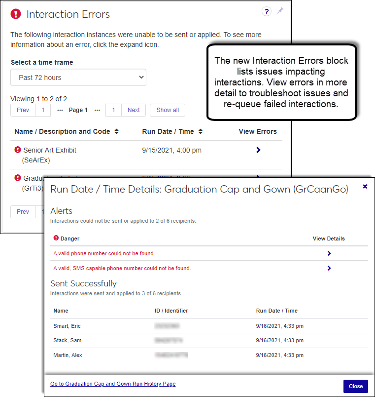 The image shows the new Interaction Errors block and run details.