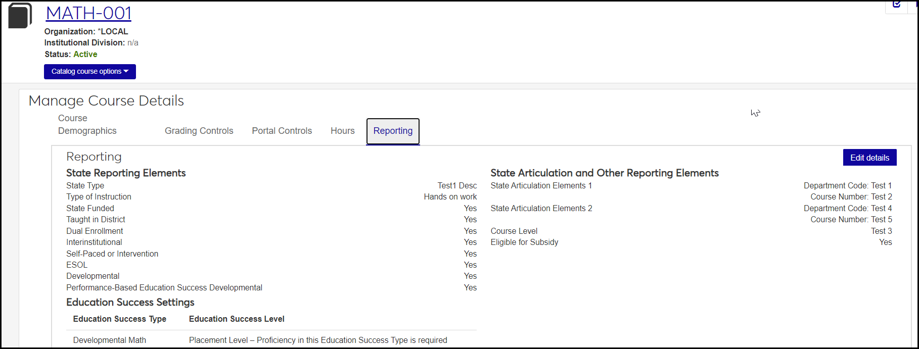 Manage Course Details page showing the Reporting tab