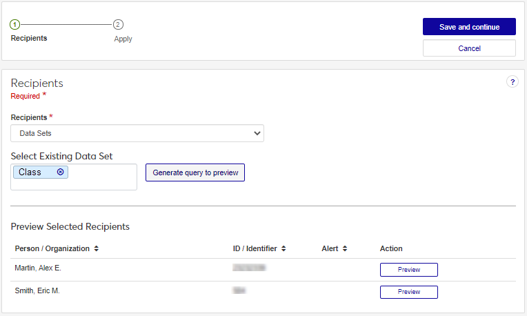 Apply Interaction page, select Recipients from the Query drop-down.