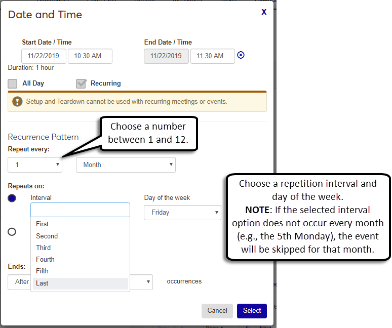 Date and Time pop-up for a monthly interval recurring event.
