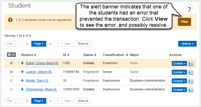 The Registration Overrides pop-up showing an alert that some students couldn't be registered. You can click the "View" button to see details.