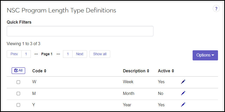NSC Program Length type page showing the Month type as inactive