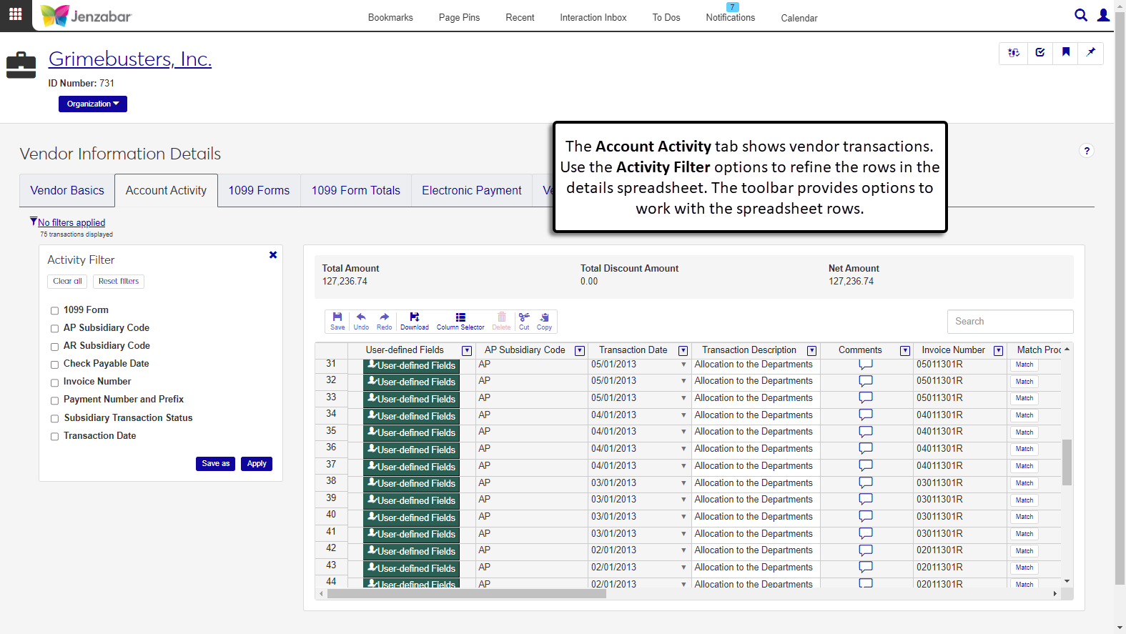 Vendor Information Details page, Account Activity tab with the list of vendor transactions.