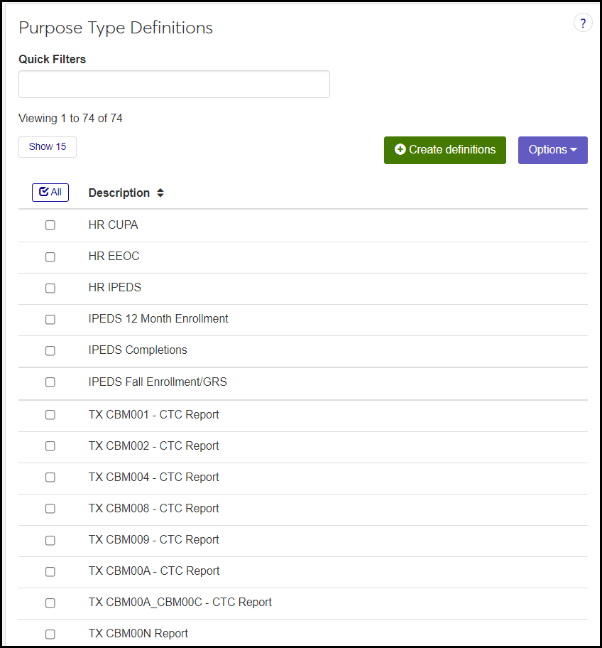 Purpose Type Definitions page showing examples of types for HR reports, IPEDS reports, and Texas state reports