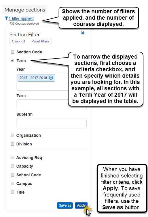 The Manage Sections filter showing a specific academic year selected