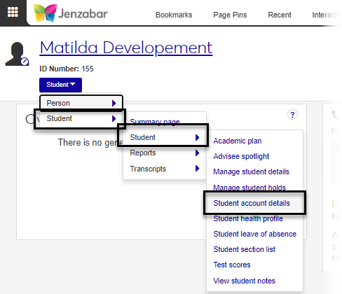 Navigation to the Student Account Details page from the person page.