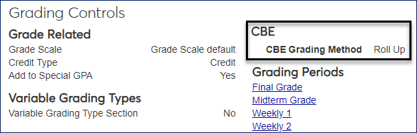 Manage Section Details page, Grading Controls tab showing a section using the 'Roll Up' CBE Grading Method