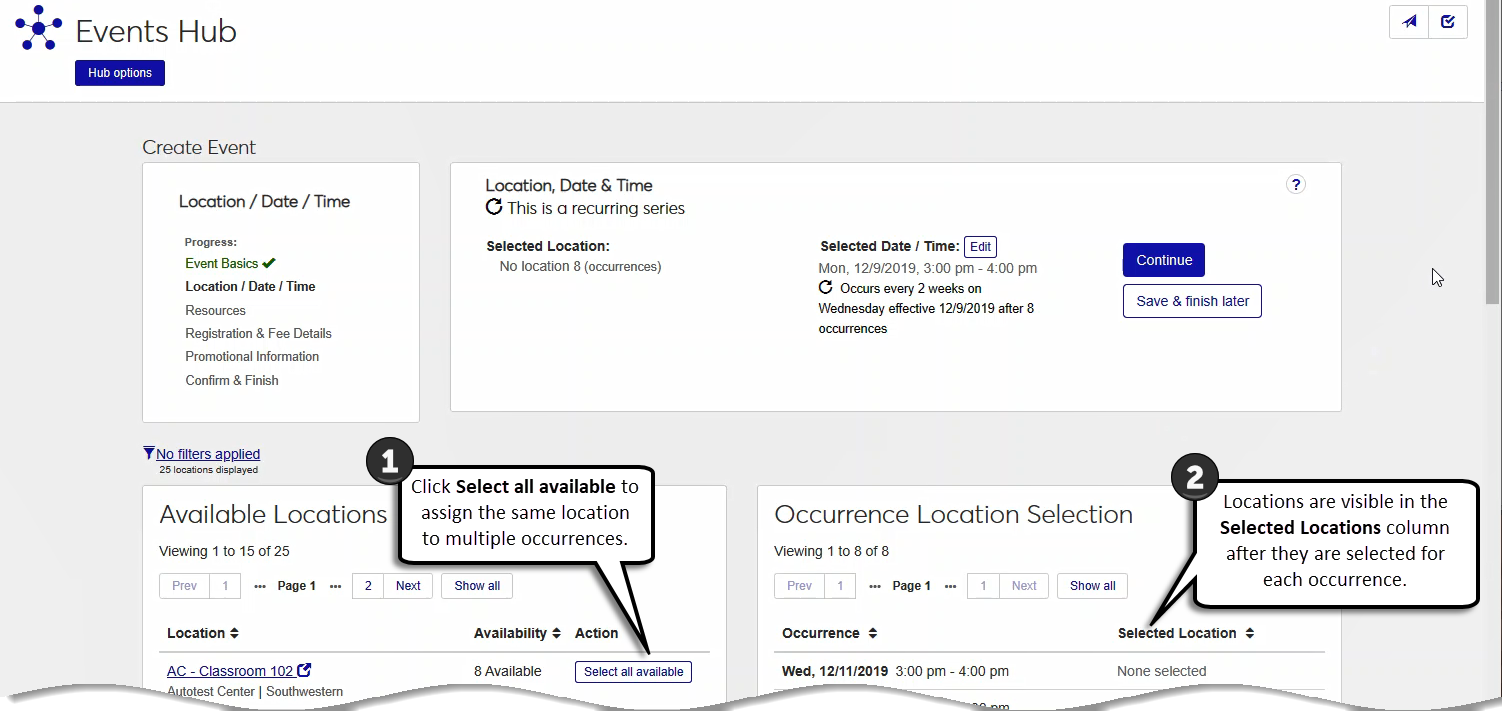 Create Event wizard location, date, and time selection for recurring events.