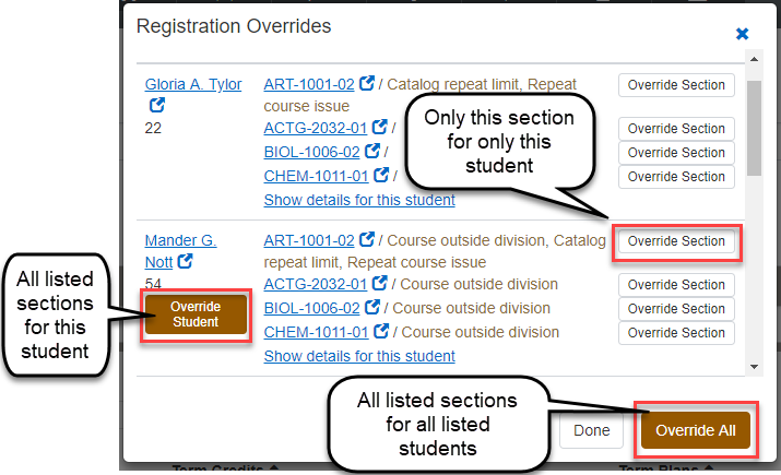 Registration Overrides pop-up showing buttons to override 1) a single section for an individual student, 2) all listed sections for an individual student, or 3) all listed sections for all listed students