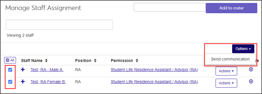 Manage Staff Assignment page - Send communication option highlighted