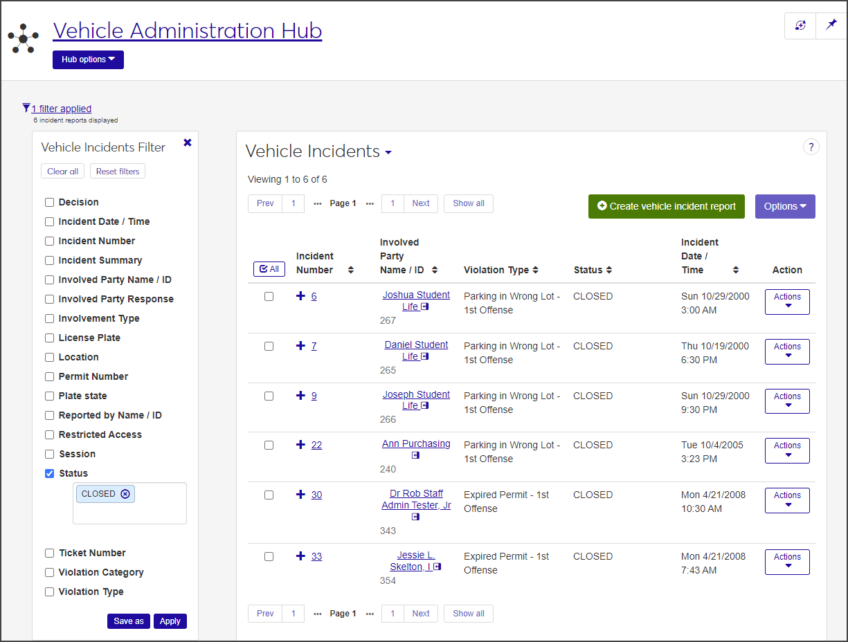 Vehicle Incidents page