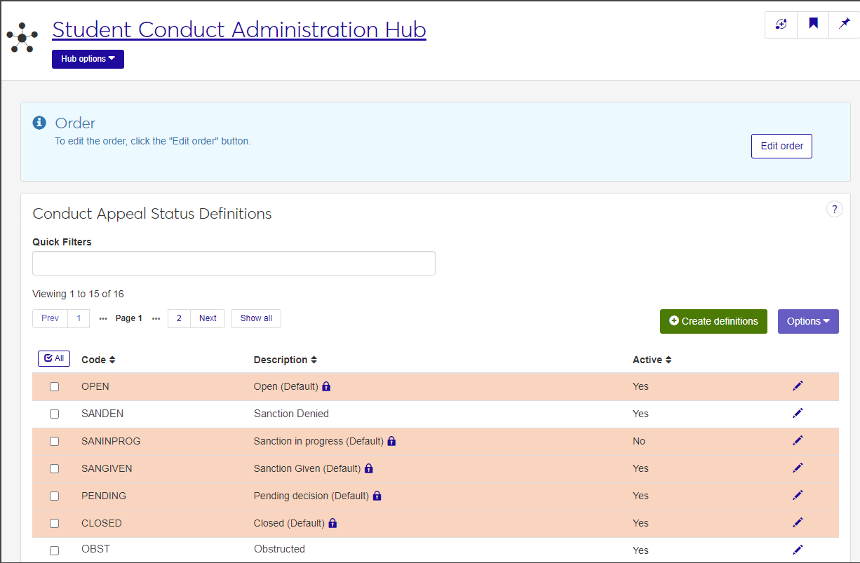 Conduct Appeal Status Definitions window
