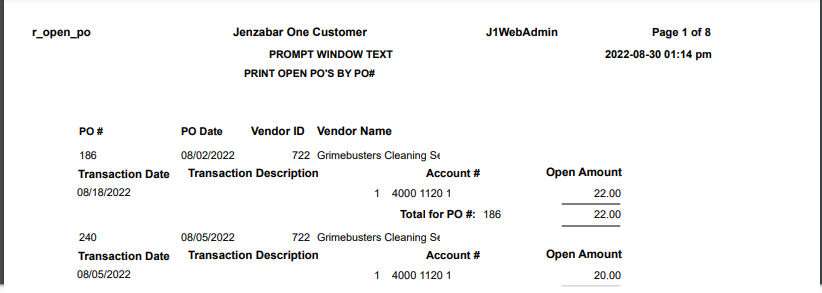 Example Open Purchase Orders Not Invoiced report.