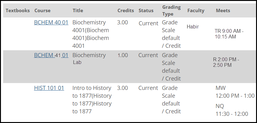 Student Schedule page showing a student's schedule