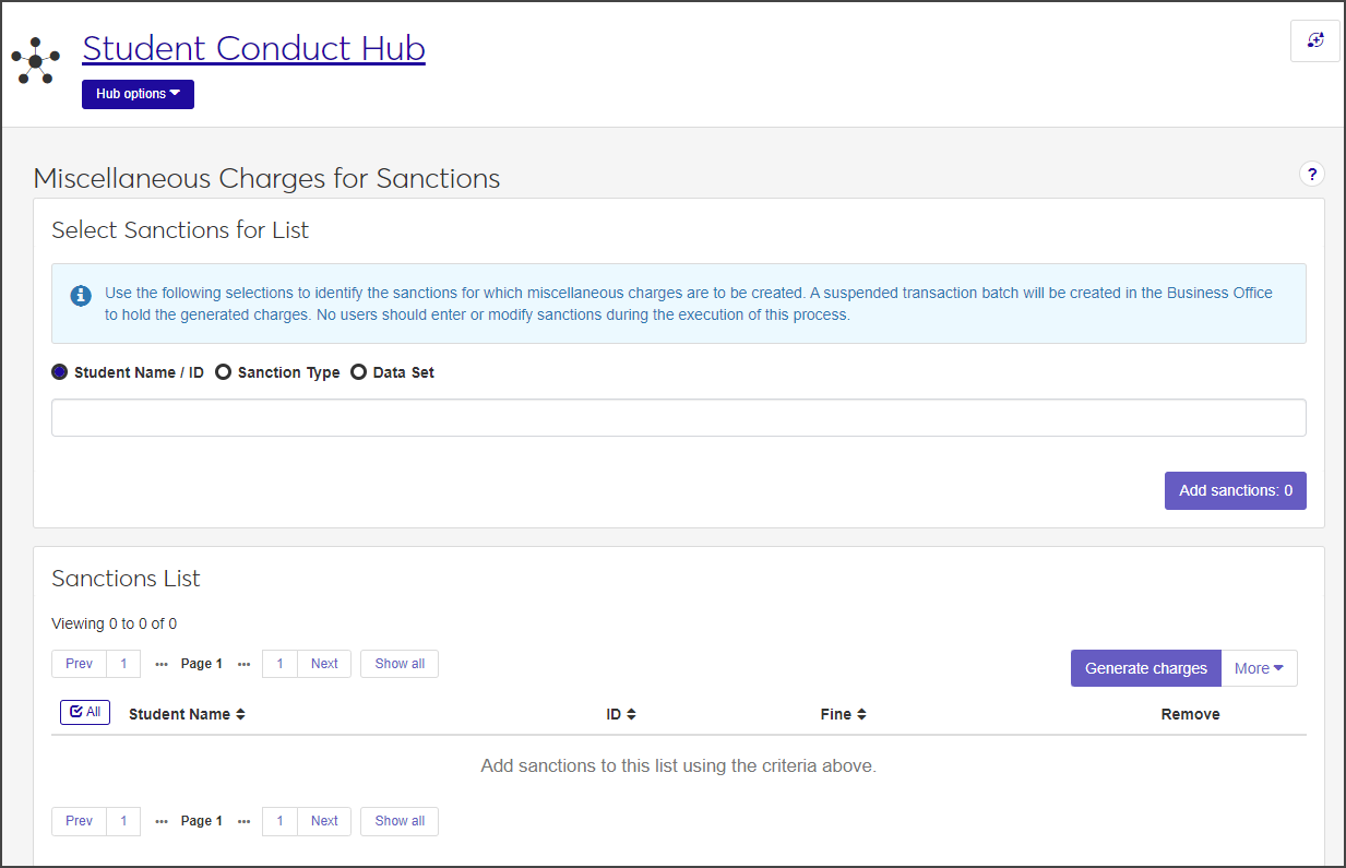 Miscellaneous Charges for Sanctions window