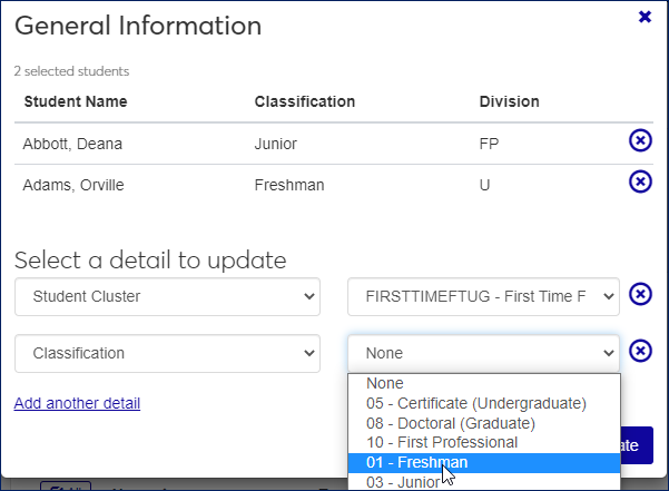 Pop-up for editing General Information details for multiple students at once
